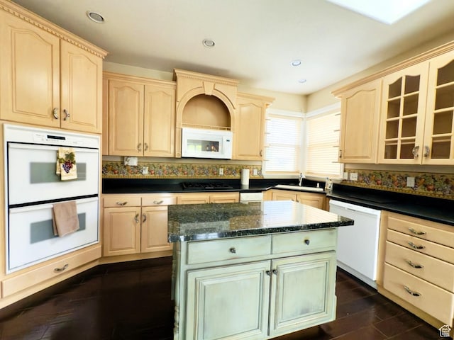 1839 E River Bottom Rd, Springville, UT 84663 - kitchen with white appliances, light brown cabinetry, dark wood-style flooring, glass insert cabinets, and a center island