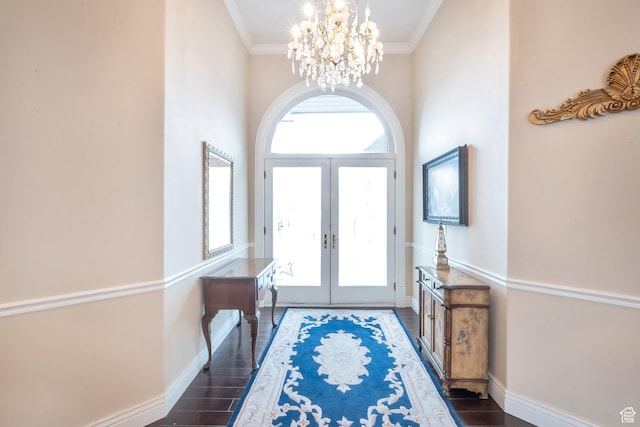 1839 E River Bottom Rd, Springville, UT 84663 - entryway featuring french doors, a chandelier, wood finished floors, and ornamental molding