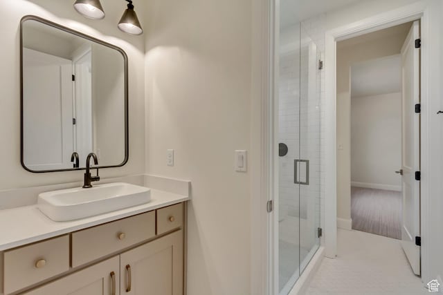 909 W 1180 N, Pleasant Grove, UT 84062 - bathroom with a stall shower, vanity, tile patterned flooring, and baseboards