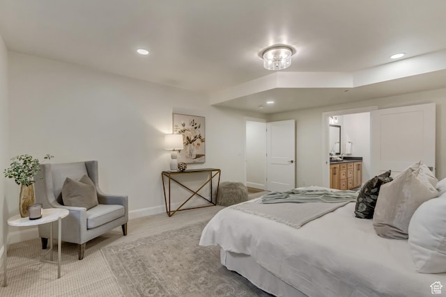 909 W 1180 N, Pleasant Grove, UT 84062 - bedroom with baseboards, recessed lighting, ensuite bathroom, and light carpet
