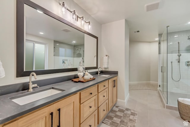 909 W 1180 N, Pleasant Grove, UT 84062 - bathroom featuring a stall shower, double vanity, tile patterned floors, baseboards, and recessed lighting