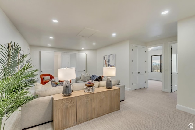 909 W 1180 N, Pleasant Grove, UT 84062 - living area with baseboards, recessed lighting, light colored carpet, and attic access