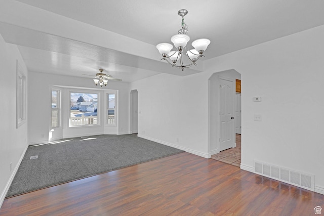 645 N 800 W, Brigham City, UT 84302 - unfurnished living room featuring wood-type flooring and ceiling fan with notable chandelier