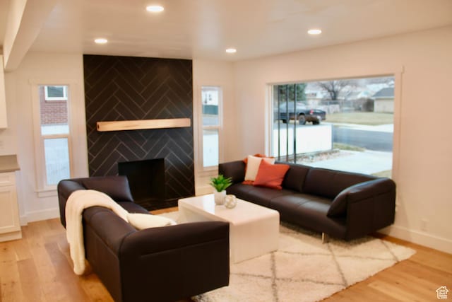 living room featuring plenty of natural light, a fireplace, and light hardwood / wood-style flooring