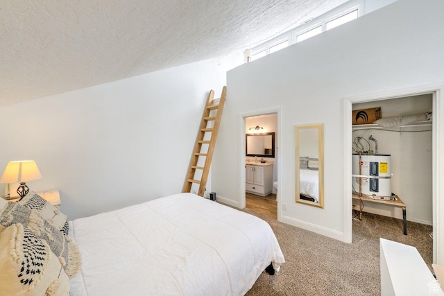 286 W Eagles Roost St Unit D-101, Brian Head, UT 84719 - bedroom featuring water heater, a textured ceiling, a walk in closet, light colored carpet, and a closet