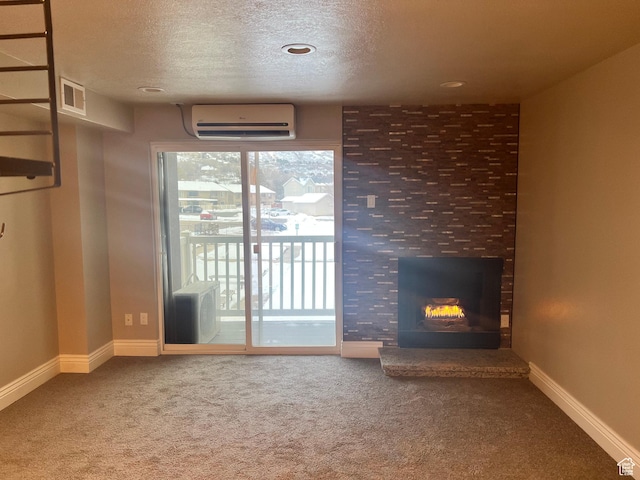 5676 Meadow Ln Unit 123, Ogden, UT 84403 - unfurnished living room featuring carpet flooring, a wall mounted air conditioner, a large fireplace, and a textured ceiling