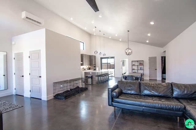 145 Crimson Cliffs Dr, Moab, UT 84532 - living room with a wall mounted air conditioner, a notable chandelier, and high vaulted ceiling