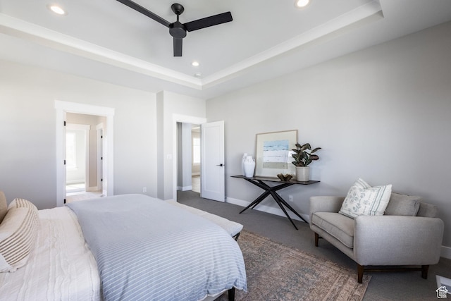 7288 W Hall Crossing Dr S, Herriman, UT 84096 - bedroom featuring carpet, a tray ceiling, recessed lighting, and ceiling fan