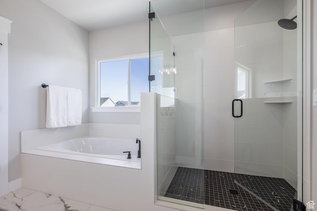 7288 W Hall Crossing Dr S, Herriman, UT 84096 - bathroom featuring a bath, a stall shower, and marble finish floors