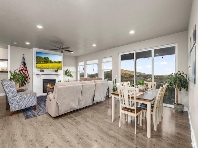 1352 E Abigail Ln, Eagle Mountain, UT 84005 - living room with ceiling fan, plenty of natural light, a fireplace, and light wood-type flooring