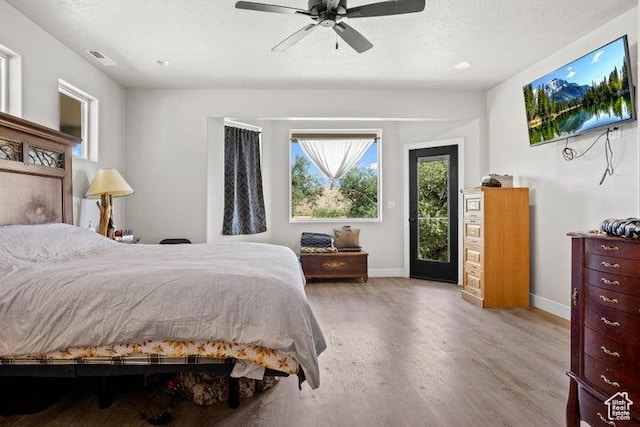 711 W Main St, Enterprise, UT 84725 - bedroom featuring light wood-type flooring, access to outside, a textured ceiling, and ceiling fan