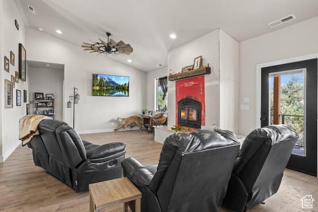 711 W Main St, Enterprise, UT 84725 - living room with light hardwood / wood-style flooring, vaulted ceiling, and ceiling fan