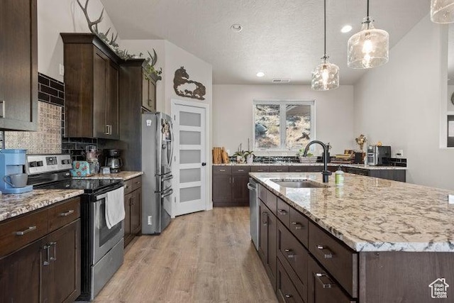 711 W Main St, Enterprise, UT 84725 - kitchen with sink, a center island with sink, light hardwood / wood-style flooring, appliances with stainless steel finishes, and pendant lighting