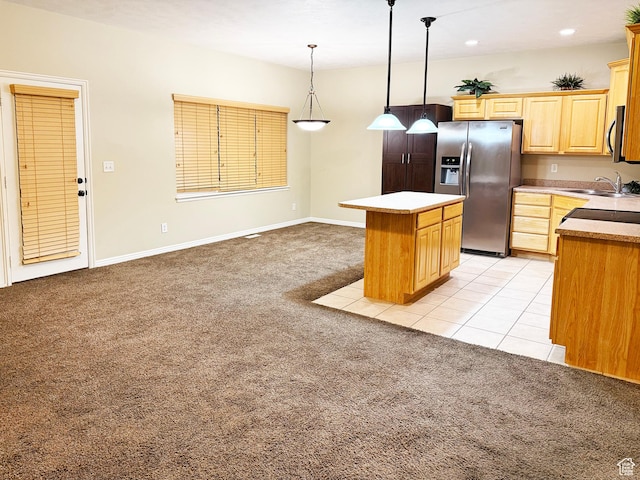 127 E Chandlerpoint Way S, Draper, UT 84020 - kitchen with a sink, light brown cabinetry, stainless steel appliances, light colored carpet, and a center island