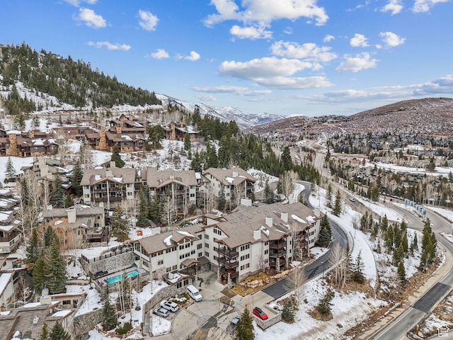 snowy aerial view with a mountain view