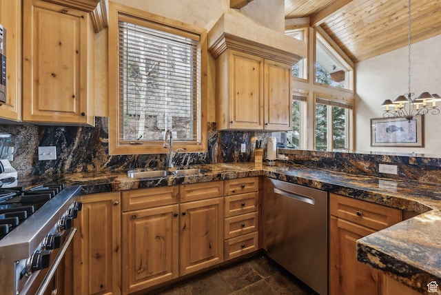 kitchen featuring pendant lighting, sink, backsplash, and appliances with stainless steel finishes