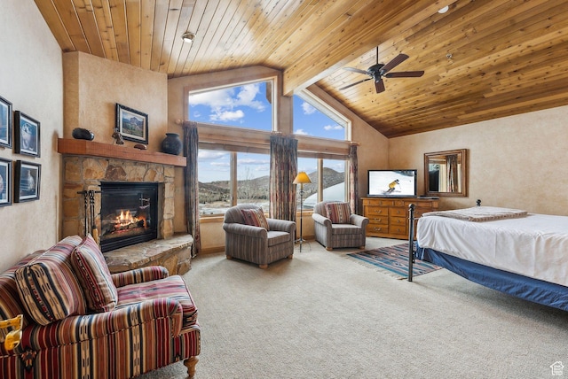 bedroom with high vaulted ceiling, carpet floors, wooden ceiling, and a fireplace
