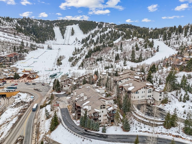 snowy aerial view featuring a mountain view