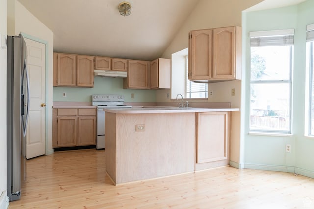 kitchen with lofted ceiling, white electric range oven, stainless steel fridge with ice dispenser, light brown cabinets, and kitchen peninsula