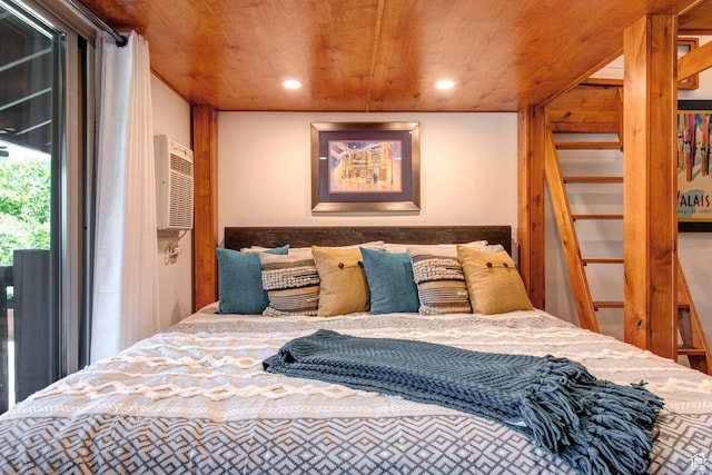 2255 Sidewinder Dr Unit 627, Park City, UT 84060 - bedroom with wood ceiling, an AC wall unit, and access to outside