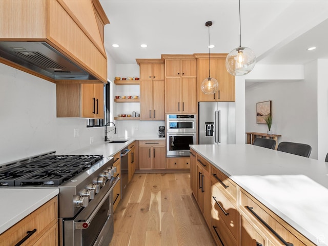 kitchen featuring light wood finished floors, a sink, open shelves, high quality appliances, and hanging light fixtures