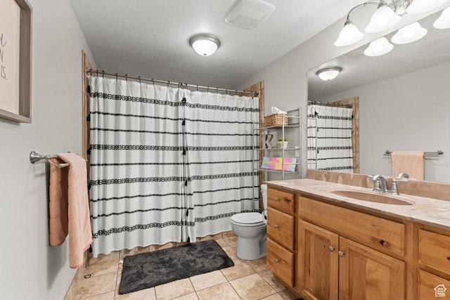 bathroom featuring toilet, a shower with curtain, visible vents, tile patterned flooring, and vanity