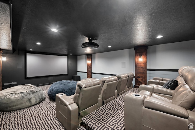 1533 Rosanna Ln, Alpine, UT 84004 - carpeted home theater room with ornate columns and a textured ceiling