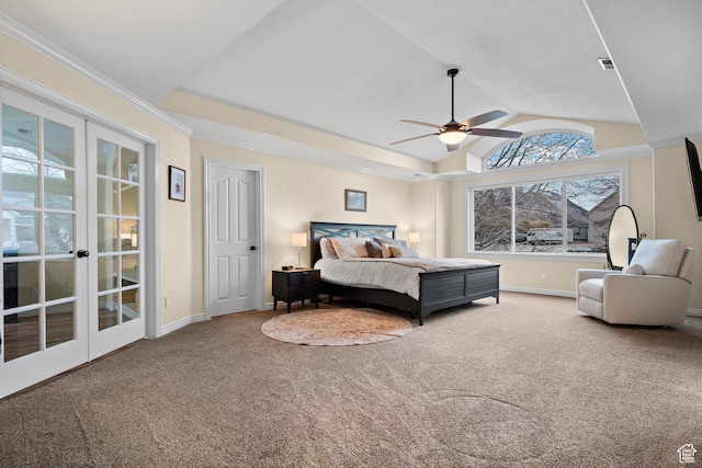 1533 Rosanna Ln, Alpine, UT 84004 - carpeted bedroom featuring french doors, ornamental molding, lofted ceiling, and ceiling fan