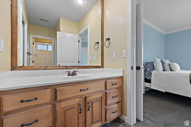 1533 Rosanna Ln, Alpine, UT 84004 - bathroom with vanity, ornamental molding, and a textured ceiling