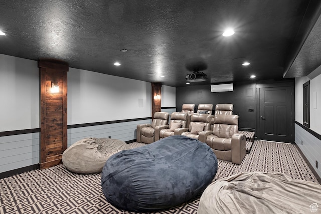 1533 Rosanna Ln, Alpine, UT 84004 - home theater room with light carpet, wooden walls, a wall unit AC, and a textured ceiling