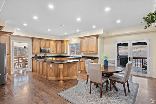 1533 Rosanna Ln, Alpine, UT 84004 - kitchen featuring stainless steel appliances, a center island, dark wood-type flooring, and french doors