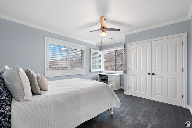 1533 Rosanna Ln, Alpine, UT 84004 - bedroom featuring dark colored carpet, ornamental molding, ceiling fan, and a closet