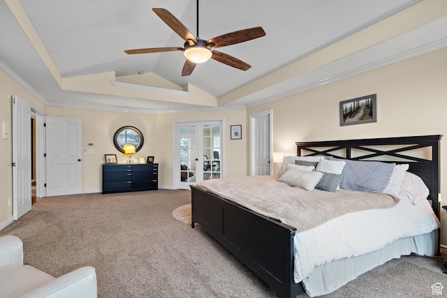 1533 Rosanna Ln, Alpine, UT 84004 - carpeted bedroom with lofted ceiling, ornamental molding, french doors, and ceiling fan