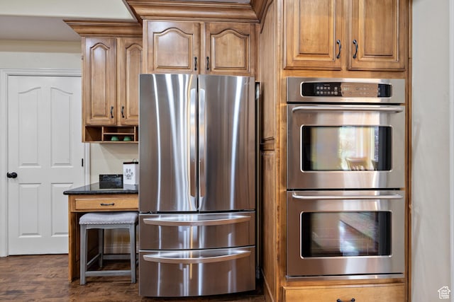 1533 Rosanna Ln, Alpine, UT 84004 - kitchen featuring dark hardwood / wood-style floors, dark stone counters, and appliances with stainless steel finishes