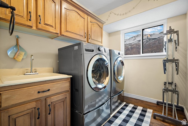 1533 Rosanna Ln, Alpine, UT 84004 - laundry room featuring cabinets, dark hardwood / wood-style flooring, sink, and washer and clothes dryer