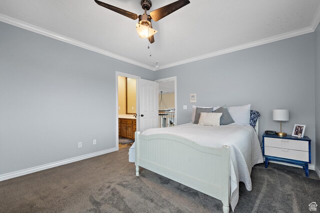 1533 Rosanna Ln, Alpine, UT 84004 - bedroom with connected bathroom, ornamental molding, ceiling fan, and dark colored carpet