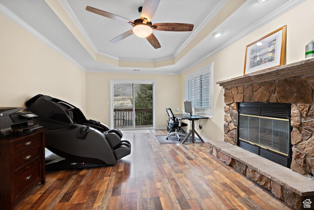 1533 Rosanna Ln, Alpine, UT 84004 - office featuring dark wood-type flooring, ornamental molding, a tray ceiling, ceiling fan, and a fireplace