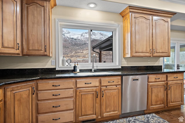 1533 Rosanna Ln, Alpine, UT 84004 - kitchen featuring dark hardwood / wood-style floors, dishwasher, sink, and dark stone countertops
