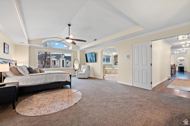 1533 Rosanna Ln, Alpine, UT 84004 - bedroom featuring lofted ceiling, ceiling fan, dark carpet, crown molding, and ensuite bath