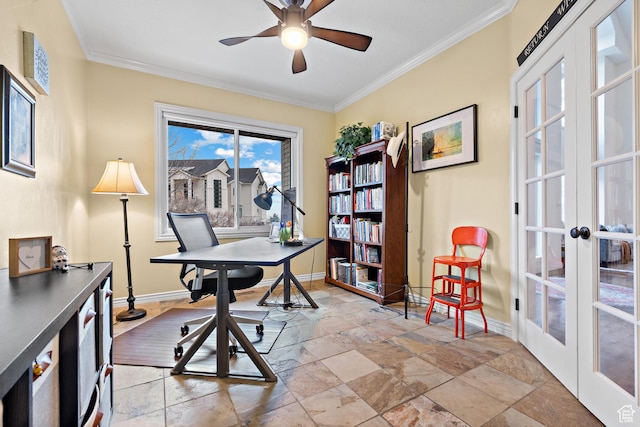1533 Rosanna Ln, Alpine, UT 84004 - office area with crown molding, french doors, and ceiling fan
