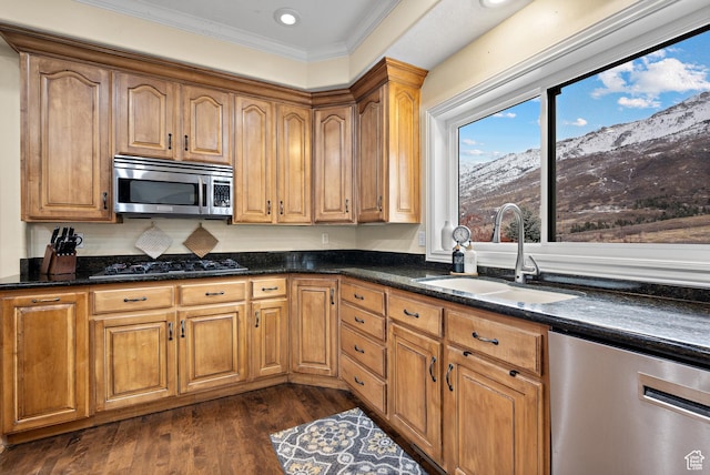 1533 Rosanna Ln, Alpine, UT 84004 - kitchen featuring sink, stainless steel appliances, dark hardwood / wood-style floors, a mountain view, and dark stone counters