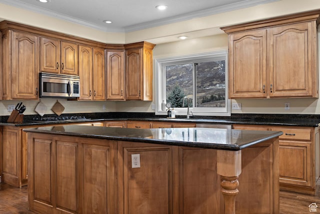 1533 Rosanna Ln, Alpine, UT 84004 - kitchen with stainless steel appliances, hardwood / wood-style flooring, a center island, and dark stone counters
