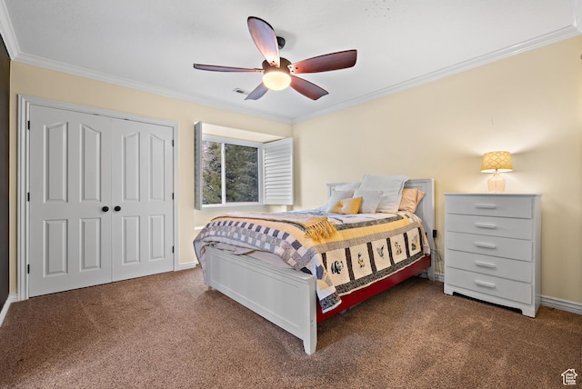 1533 Rosanna Ln, Alpine, UT 84004 - carpeted bedroom featuring crown molding, ceiling fan, and a closet