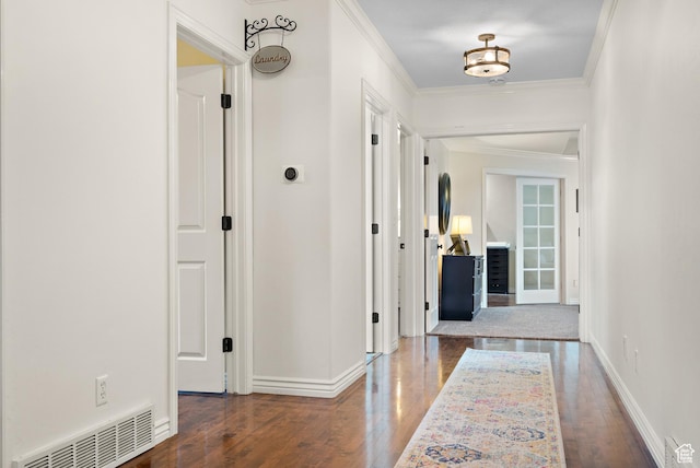 1533 Rosanna Ln, Alpine, UT 84004 - hallway with ornamental molding and dark hardwood / wood-style flooring