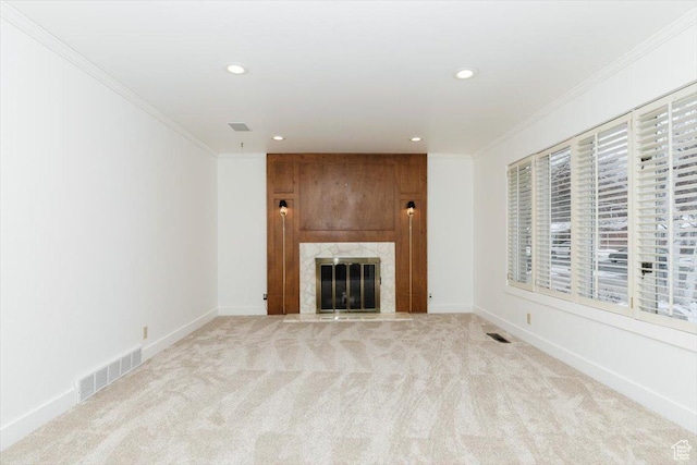 1453 E 1200 N, Logan, UT 84341 - unfurnished living room with ornamental molding, carpet floors, recessed lighting, a premium fireplace, and baseboards