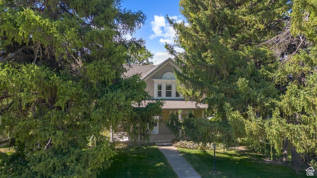 obstructed view of property with a front lawn