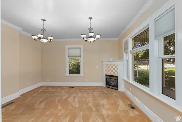 291 N Main St, Hyde Park, UT 84318 - unfurnished living room with a tile fireplace, ornamental molding, light carpet, and a chandelier