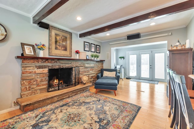 1737 N Sego Ln, Provo, UT 84604 - living room featuring a stone fireplace, beamed ceiling, french doors, crown molding, and light hardwood / wood-style flooring