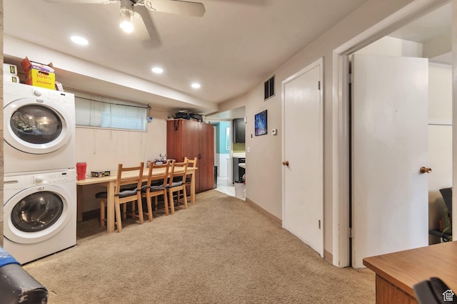 1737 N Sego Ln, Provo, UT 84604 - laundry area featuring stacked washer / drying machine, light colored carpet, and ceiling fan