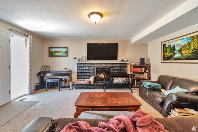1737 N Sego Ln, Provo, UT 84604 - living room featuring a brick fireplace and carpet flooring